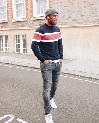 Grey Jeans Outfits For Men: Rock a white crew-neck t-shirt with grey jeans, if you prefer to dress for comfort without looking like a hobo to look stylish. A pair of white canvas low top sneakers serves as the glue that will bring this outfit together.