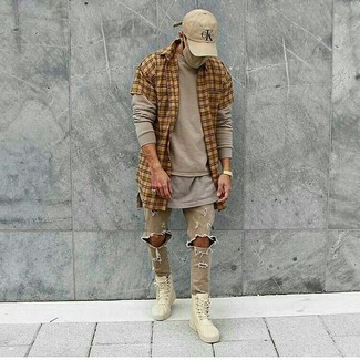 Beige Ripped Skinny Jeans Outfits For Men: 