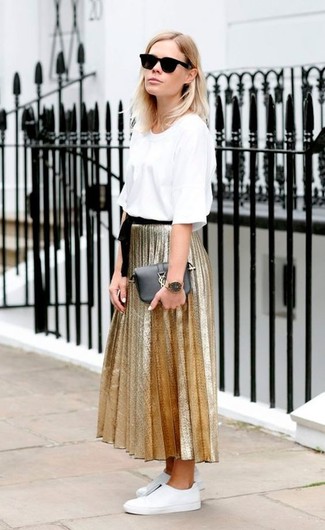 Women's White Crew-neck T-shirt, Gold Pleated Midi Skirt, White Leather Low Top Sneakers, Black Leather Clutch