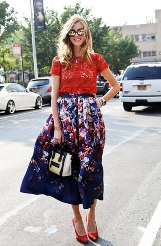 Women's Red Lace Crew-neck T-shirt, Navy Floral Midi Skirt, Red Satin Pumps, Beige Leather Satchel Bag