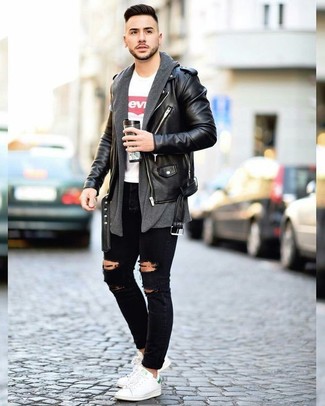 Men's Black Ripped Skinny Jeans, White and Red Print Crew-neck T-shirt, Charcoal Open Cardigan, Black Leather Biker Jacket