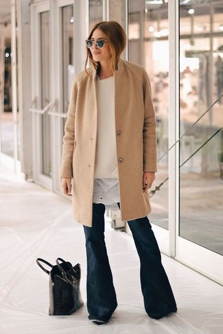 Camel Coat with Crew-neck T-shirt Outfits For Women: 