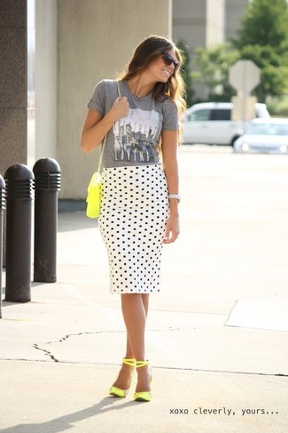 Women's Grey Print Crew-neck T-shirt, White and Black Polka Dot Pencil Skirt, Yellow Leather Heeled Sandals, Yellow Leather Crossbody Bag