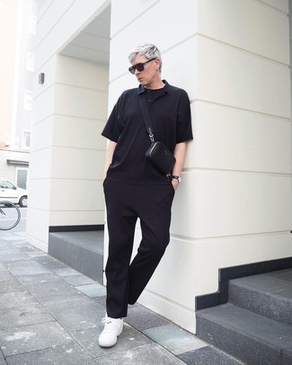 Black Leather Watch Outfits For Men: A black crew-neck t-shirt and a black leather watch are a great combination worth having in your casual styling rotation. To add a bit of classiness to this look, introduce white canvas low top sneakers to the mix.