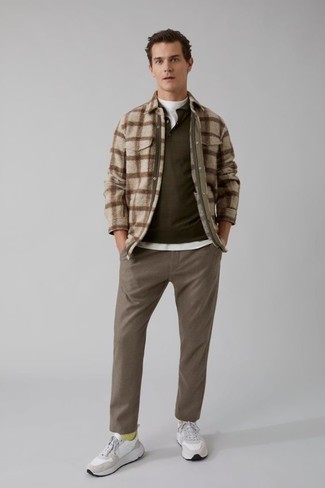 Men's Brown Chinos, White Crew-neck T-shirt, Olive Polo, Beige Plaid Flannel Shirt Jacket