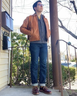 Tan Leather Harrington Jacket Outfits: 
