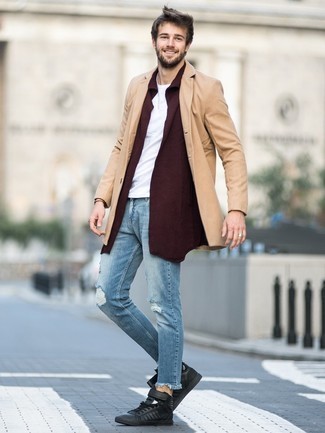 Burgundy Shawl Cardigan Chill Weather Outfits For Men: 