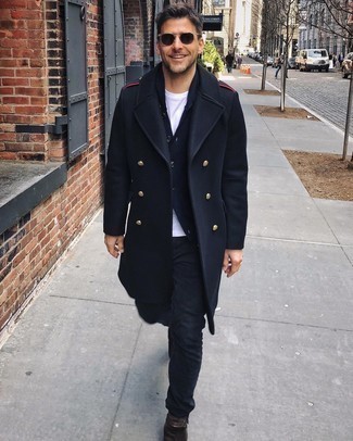 Navy Overcoat with Shawl Cardigan Outfits: 