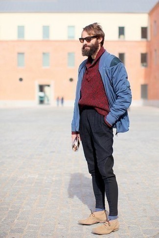 Burgundy Shawl-Neck Sweater Outfits: 