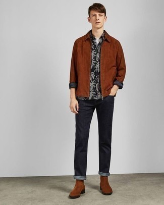 Dark Brown Suede Chelsea Boots Outfits For Men: 