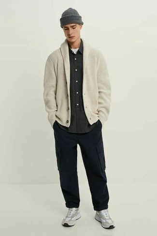 Beige Knit Shawl Cardigan Outfits For Men: 