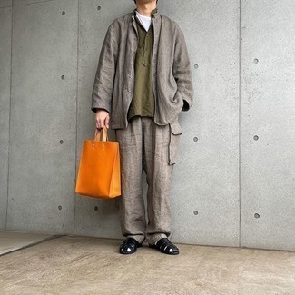 Orange Leather Tote Bag Outfits For Men: 