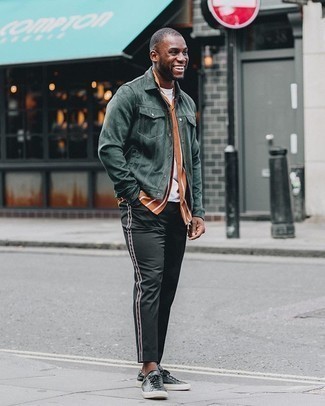 Dark Green Suede Shirt Jacket Outfits For Men: 