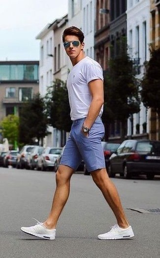 Light Blue Shorts Outfits For Men: Marrying a white crew-neck t-shirt with light blue shorts is an awesome choice for a cool and casual ensemble. Finishing off with a pair of white athletic shoes is a simple way to introduce a more laid-back spin to your ensemble.