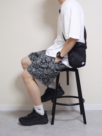 Black Paisley Shorts Outfits For Men: A white crew-neck t-shirt and black paisley shorts are a nice outfit to have in your current casual routine. Add black athletic shoes to your getup to add a sense of stylish nonchalance to your look.
