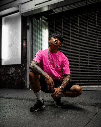 Men's Hot Pink Crew-neck T-shirt, Black Shorts, Black and White Athletic Shoes, Silver Watch