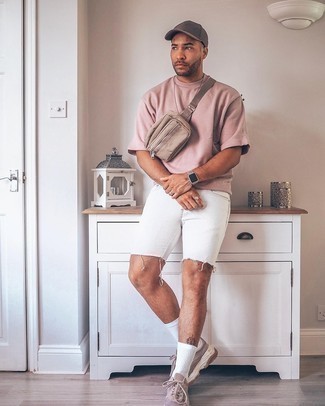 White and Pink Crew-neck T-shirt Outfits For Men: This combination of a white and pink crew-neck t-shirt and white denim shorts is proof that a straightforward casual look doesn't have to be boring. Get a bit experimental with footwear and play down your ensemble by finishing with brown athletic shoes.