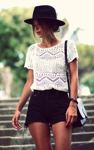 Black Leather Watch Outfits For Women: This combination of a white crochet crew-neck t-shirt and a black leather watch is solid proof that a simple casual outfit doesn't have to be boring.