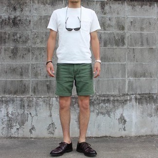 Men's White Crew-neck T-shirt, Olive Shorts, Burgundy Leather Derby Shoes, Olive Sunglasses