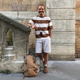 Men's Brown Horizontal Striped Crew-neck T-shirt, White Shorts, Brown Suede Desert Boots, Tan Canvas Backpack