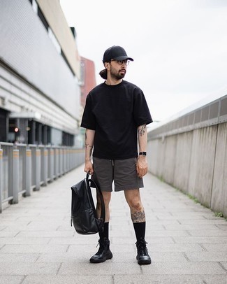 Men's Black Crew-neck T-shirt, Charcoal Shorts, Black Leather High Top Sneakers, Black Leather Backpack