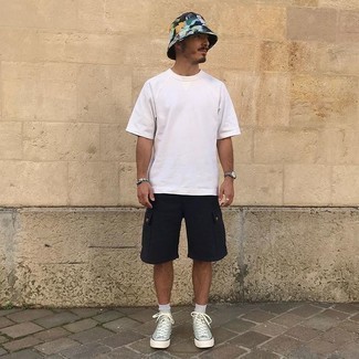 Men's White Crew-neck T-shirt, Black Shorts, Mint Canvas High Top Sneakers, Multi colored Camouflage Bucket Hat