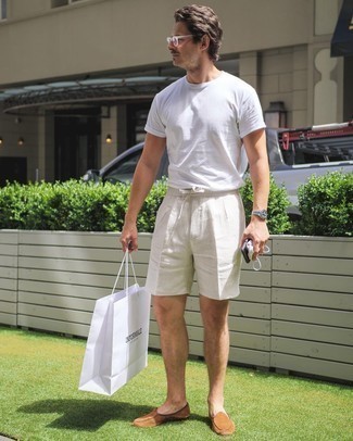 Men's White Crew-neck T-shirt, White Linen Shorts, Tan Suede Loafers, Clear Sunglasses