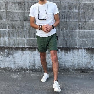 Men's White Crew-neck T-shirt, Dark Green Shorts, White Canvas Low Top Sneakers, Charcoal Sunglasses