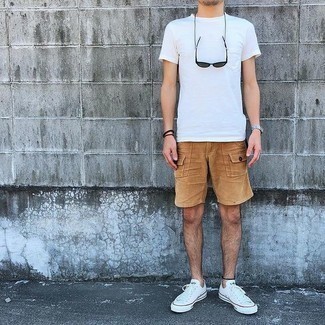 Men's White Crew-neck T-shirt, Tan Shorts, White Canvas Low Top Sneakers, Charcoal Sunglasses