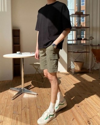 Men's Black Crew-neck T-shirt, Olive Shorts, White and Green Canvas Low Top Sneakers, Silver Watch