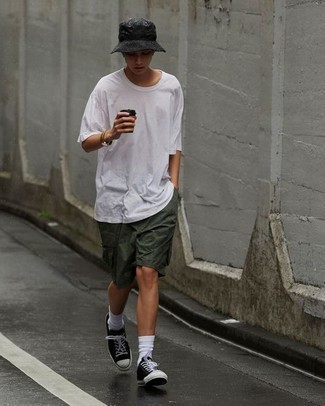 Men's White Crew-neck T-shirt, Olive Shorts, Black and White Canvas Low Top Sneakers, Black Bucket Hat