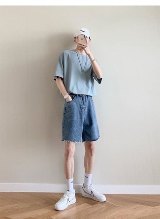 QINGYU Jean Shorts for Men,Summer Fashion Ripped Denim Shorts Blue Distressed Jeans with Hole 