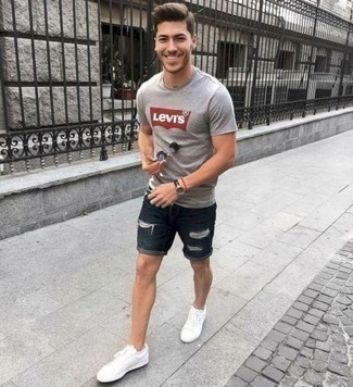 Men's Grey Print Crew-neck T-shirt, Navy Ripped Denim Shorts, White Canvas Low Top Sneakers, Charcoal Sunglasses