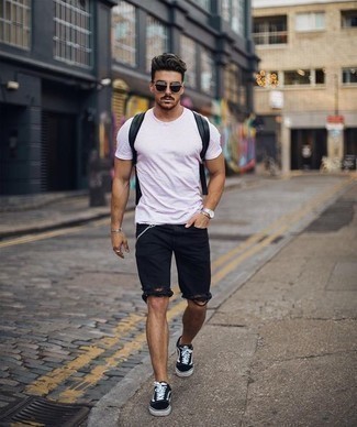 Men's Pink Horizontal Striped Crew-neck T-shirt, Navy Ripped Denim Shorts, Black and White Canvas Low Top Sneakers, Black Leather Backpack