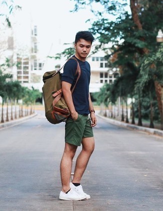 Men's Navy Crew-neck T-shirt, Dark Green Shorts, White Canvas Low Top Sneakers, Olive Canvas Duffle Bag