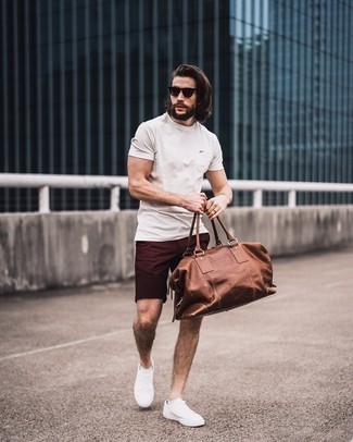 Men's White Crew-neck T-shirt, Burgundy Shorts, White Canvas Low Top Sneakers, Brown Leather Duffle Bag