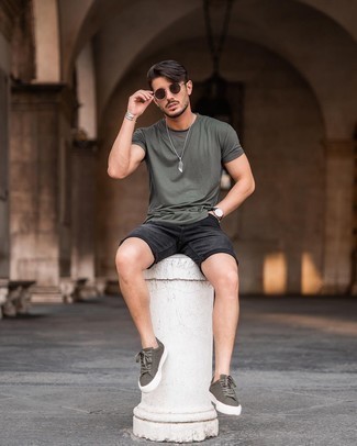 Olive Canvas Low Top Sneakers Outfits For Men: An olive crew-neck t-shirt looks especially great when combined with black denim shorts. Our favorite of a great number of ways to finish off this ensemble is with a pair of olive canvas low top sneakers.