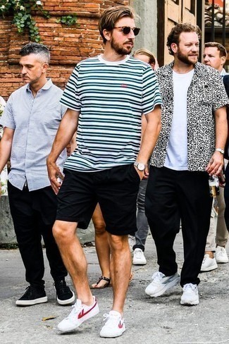 Grey Canvas Watch Outfits For Men: If you enjoy a more casual approach to menswear, why not marry a white and navy horizontal striped crew-neck t-shirt with a grey canvas watch? Unimpressed with this outfit? Invite a pair of white and red canvas low top sneakers to shake things up.