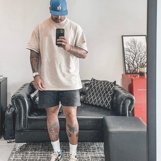 Men's Beige Crew-neck T-shirt, Charcoal Shorts, White and Black Leather Low Top Sneakers, Blue Baseball Cap
