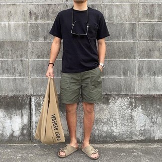 Men's Black Crew-neck T-shirt, Olive Shorts, Tan Suede Sandals, Tan Print Canvas Tote Bag