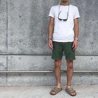 Men's White Crew-neck T-shirt, Dark Green Shorts, Brown Suede Sandals, Charcoal Sunglasses