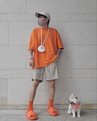 Men's Orange Crew-neck T-shirt, Grey Shorts, Orange Rubber Sandals, White Baseball Cap