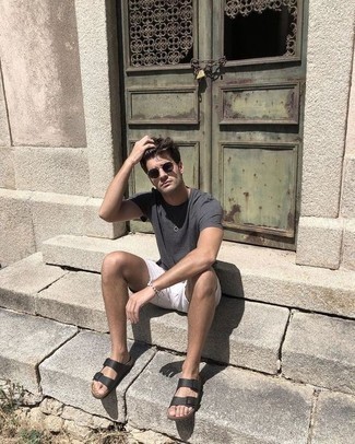 Grey Leather Sandals Outfits For Men: A grey crew-neck t-shirt and white shorts are an essential combo for many fashion-forward guys. Avoid looking too polished by finishing with grey leather sandals.
