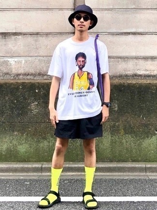 Green-Yellow Print Socks Outfits For Men: If you use a more casual approach to styling, why not pair a white print crew-neck t-shirt with green-yellow print socks? Put a more relaxed spin on your ensemble by rounding off with black canvas sandals.