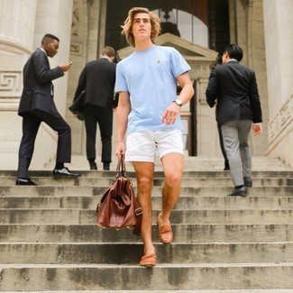 Men's Light Blue Crew-neck T-shirt, White Shorts, Tan Leather Tassel Loafers, Brown Leather Duffle Bag