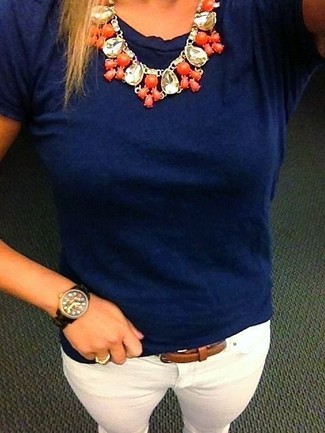 Women's Navy Crew-neck T-shirt, White Skinny Jeans, Brown Leather Belt, Orange Necklace