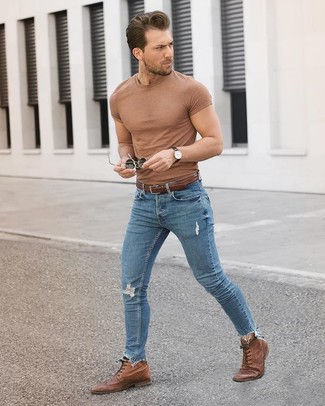 Men's Tan Crew-neck T-shirt, Blue Ripped Skinny Jeans, Brown Leather Brogue Boots, Brown Leather Belt