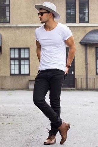 Men's White Crew-neck T-shirt, Black Skinny Jeans, Brown Leather Casual Boots, Grey Wool Hat