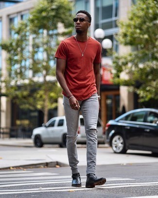 Red Crew-neck with Grey Ripped Skinny Jeans Outfits For Men (2 ideas outfits) | Lookastic