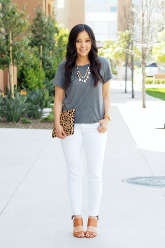 Clear Necklace Outfits: A grey crew-neck t-shirt and a clear necklace are a nice outfit formula to have in your wardrobe. Power up this outfit with tan leather heeled sandals.